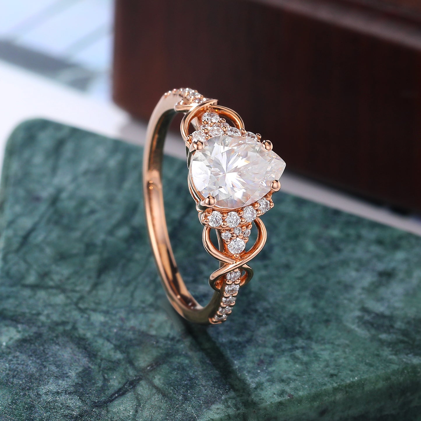 Pear shape moissanite rose gold engagement ring, 10k/14k/18k gold.