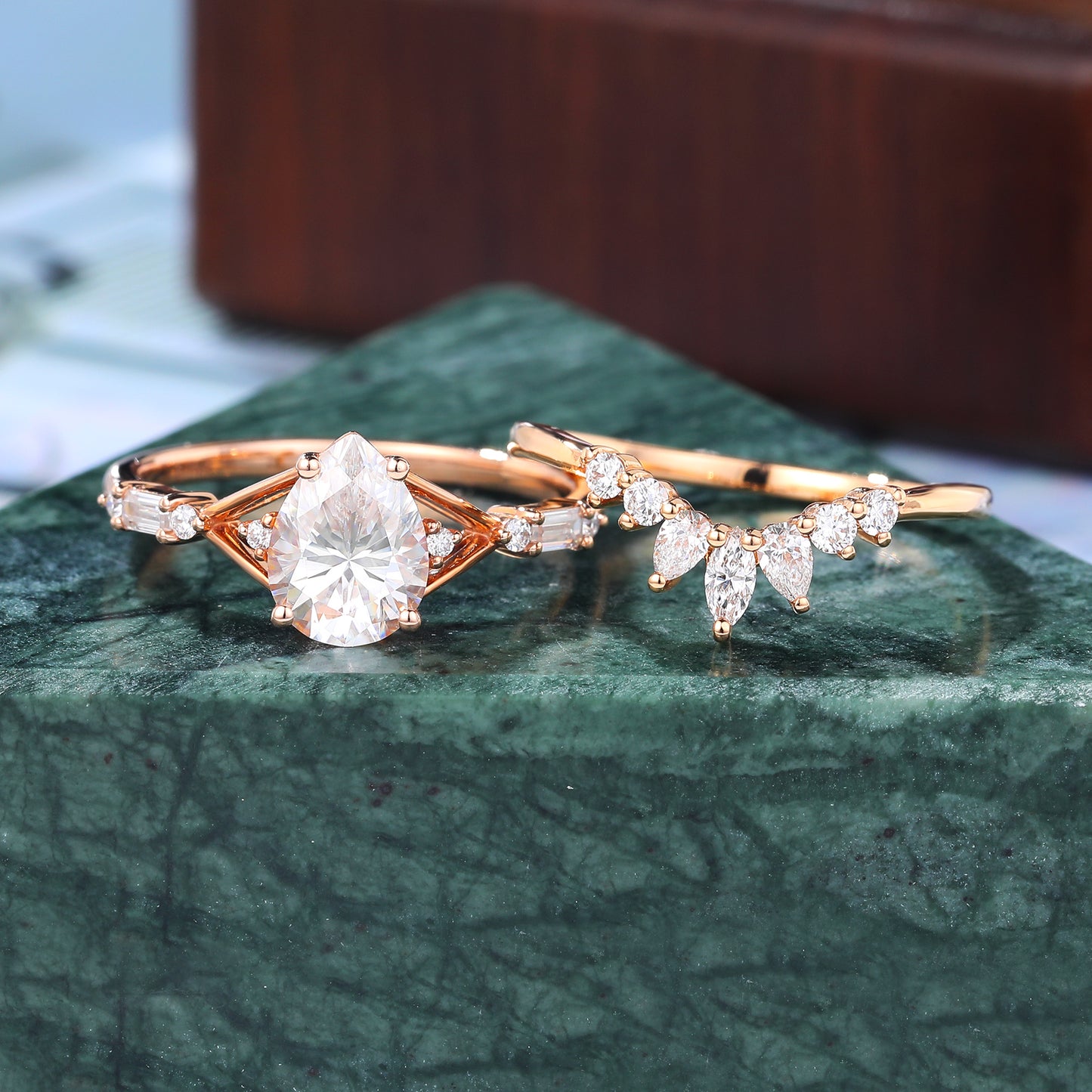 Vintage Pear shape Lab grown Diamond Engagement Ring Set, Rose/white/yellow Gold Bridal Wedding band S925/10K/14K/18K