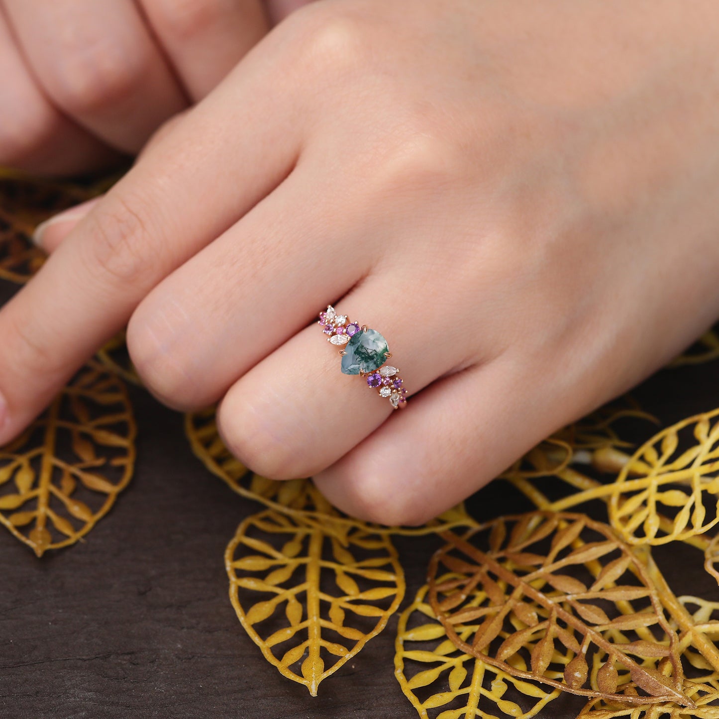 Pear shape Moss agate engagement ring 925silver/10k/14k/18k gold , unique Amethyst pink Sapphire moissanite ring
