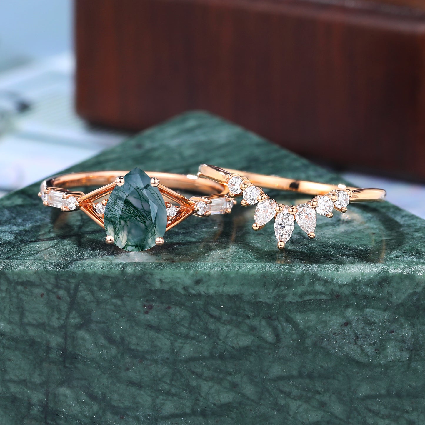 Vintage Pear shape Moss Agate Engagement Ring Set, Rose/white/yellow Gold Bridal Wedding band S925/10k/14k/18k