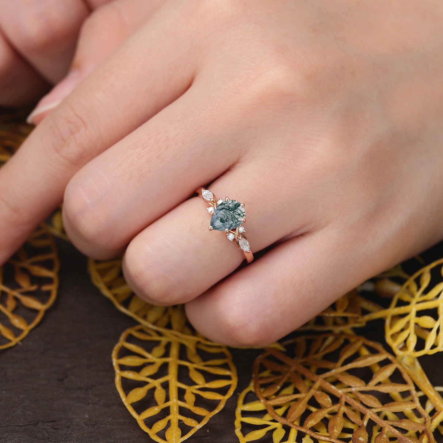 Pear shape Moss agate engagement ring S925/10k/14k/18k gold. unique bridal ring rose/white/yellow gold