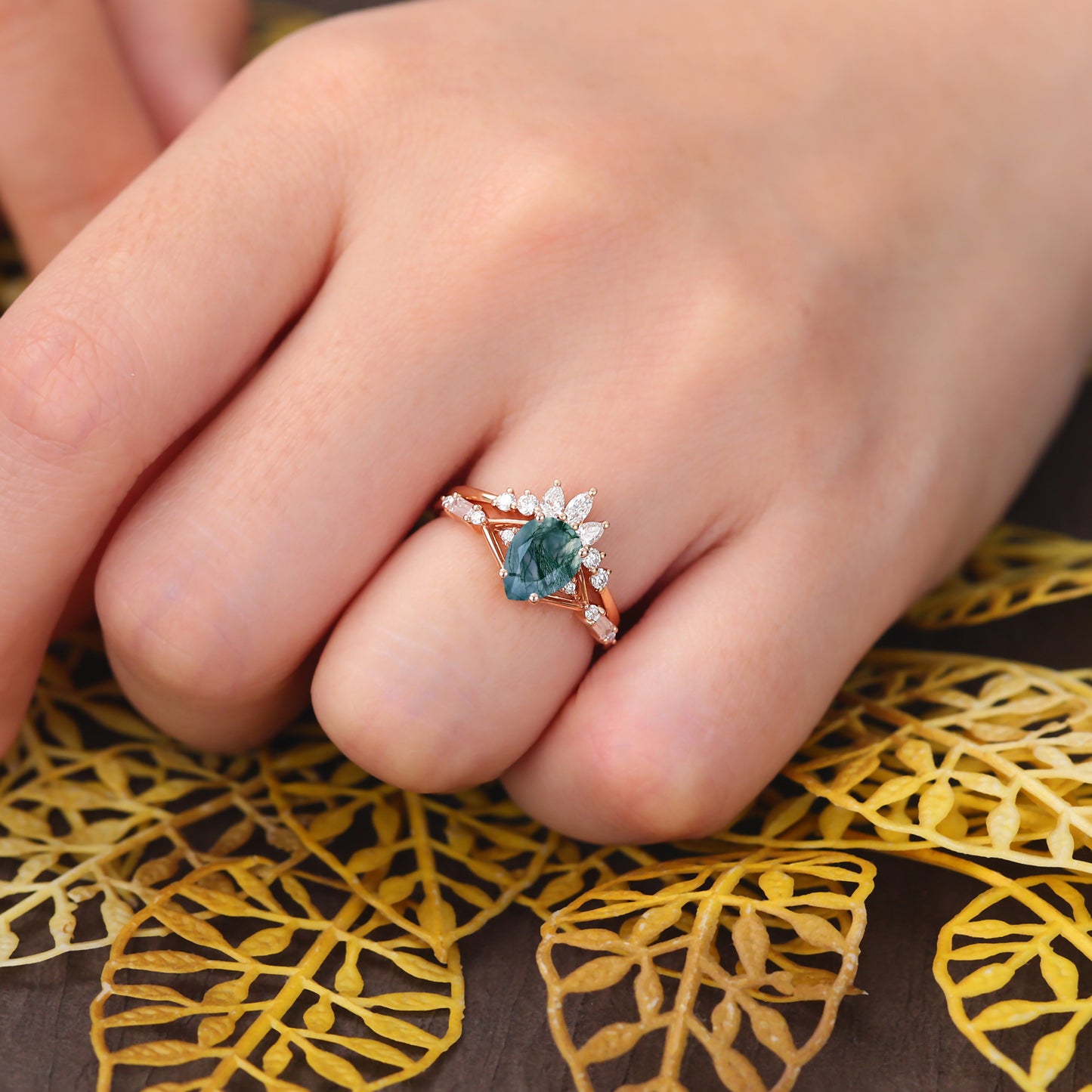 Vintage Pear shape Moss Agate Engagement Ring Set, Rose/white/yellow Gold Bridal Wedding band S925/10k/14k/18k