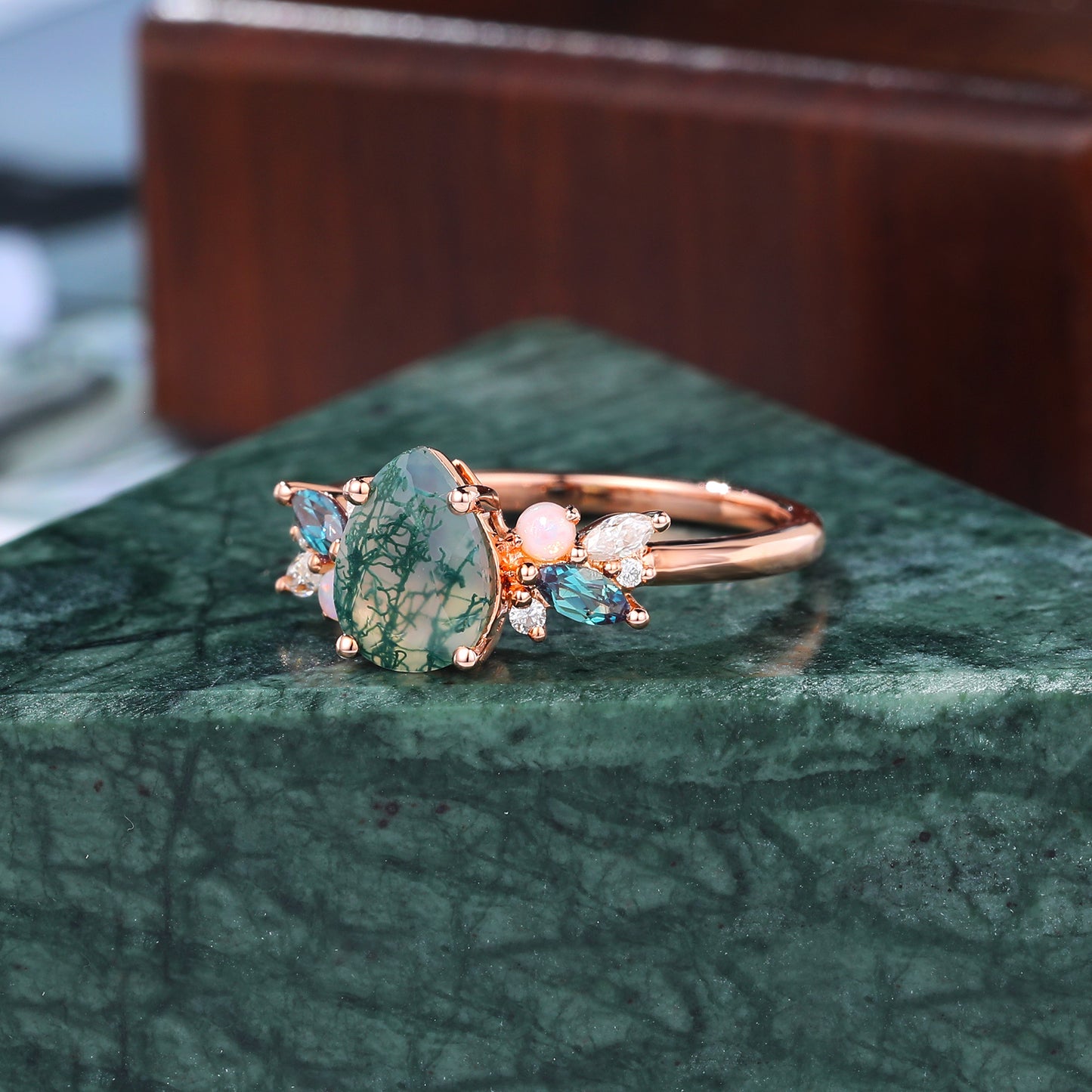 Pear shape Moss Agate engagement ring S925/10k/14k/18k gold , unique Alexandrite moissanite Opal ring