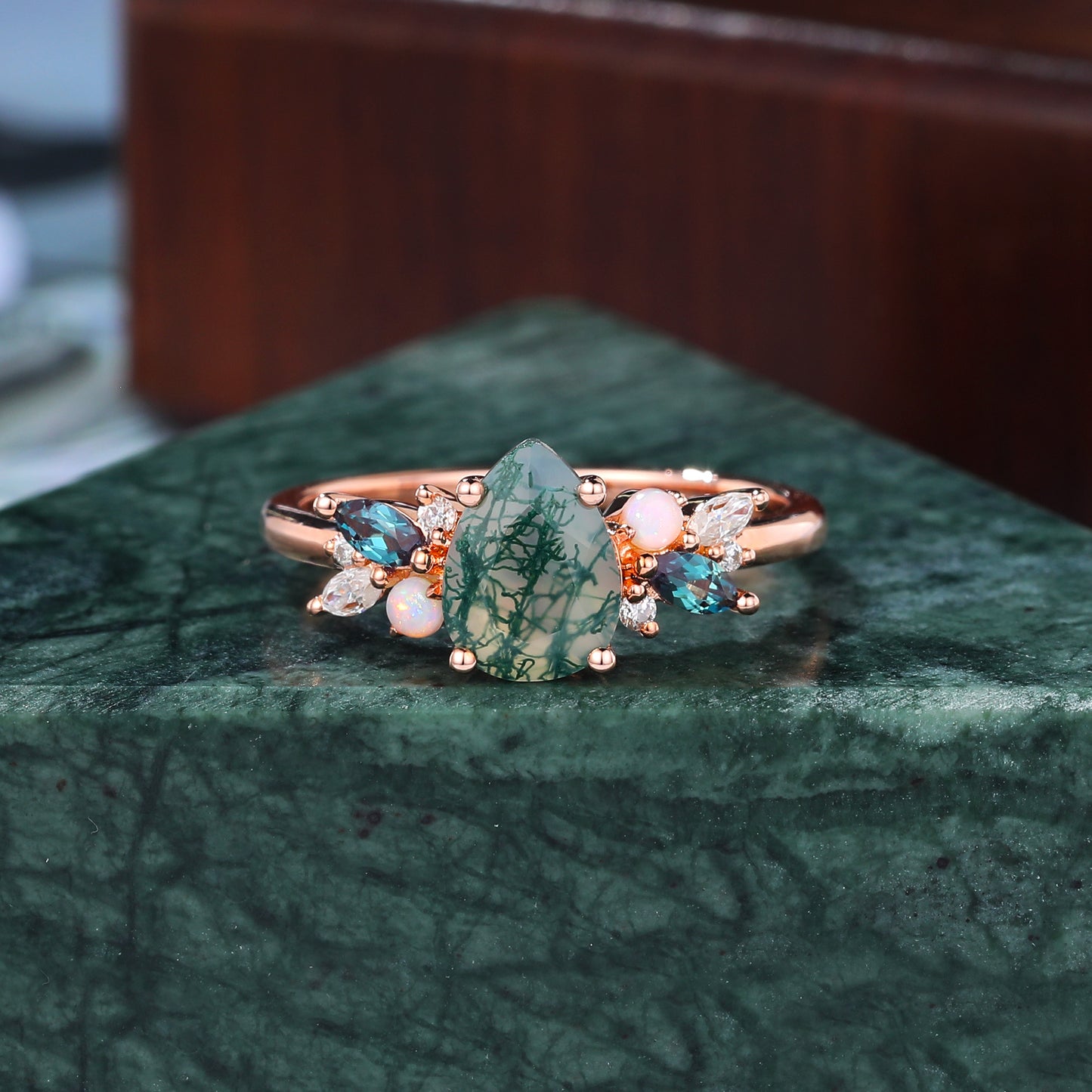 Pear shape Moss Agate engagement ring S925/10k/14k/18k gold , unique Alexandrite moissanite Opal ring
