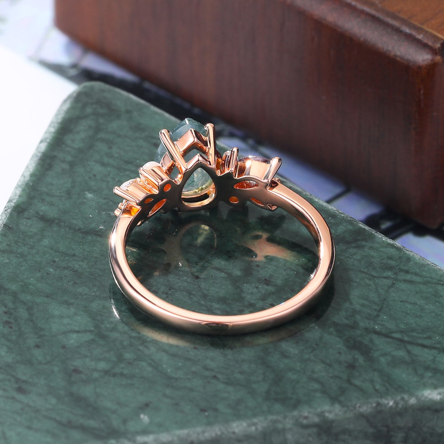 Pear shape Moss Agate engagement ring S925/10k/14k/18k gold , unique Alexandrite moissanite Opal ring