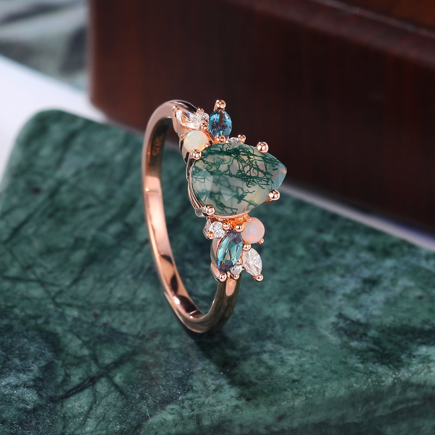 Pear shape Moss Agate engagement ring S925/10k/14k/18k gold , unique Alexandrite moissanite Opal ring
