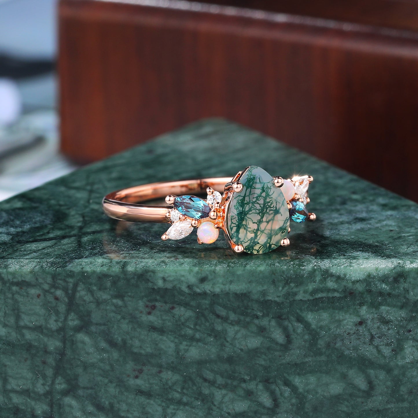 Pear shape Moss Agate engagement ring S925/10k/14k/18k gold , unique Alexandrite moissanite Opal ring