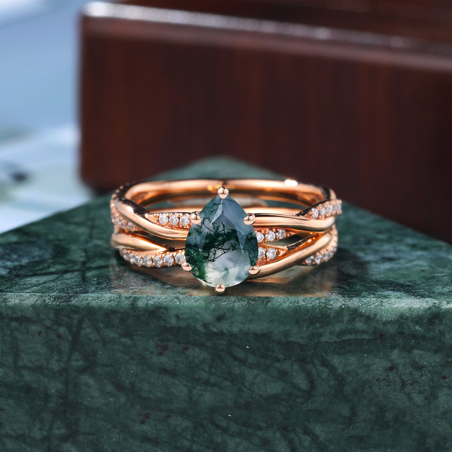 Vintage Pear shape Moss Agate rose gold Engagement Ring Set, Rose /white/yellow Gold Bridal Wedding band S925/10k/14k/18k