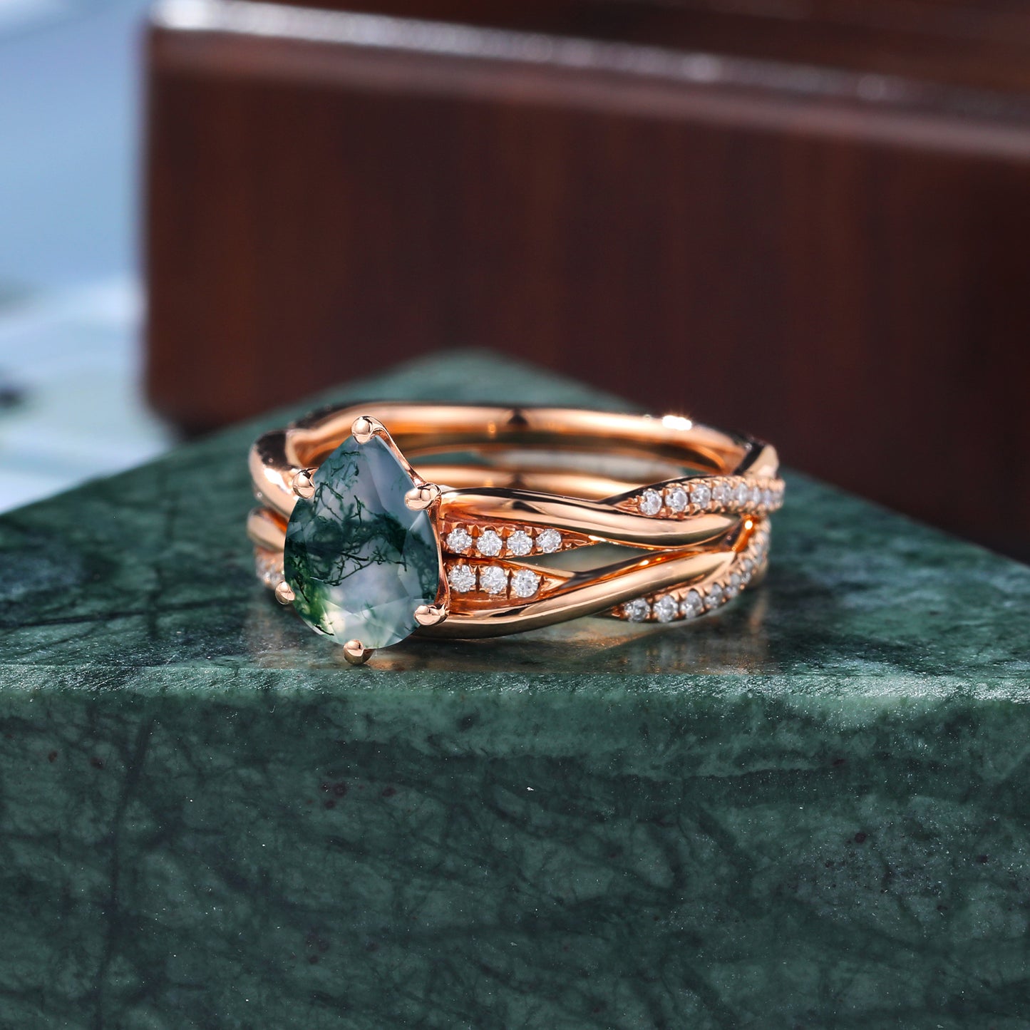 Vintage Pear shape Moss Agate rose gold Engagement Ring Set, Rose /white/yellow Gold Bridal Wedding band S925/10k/14k/18k