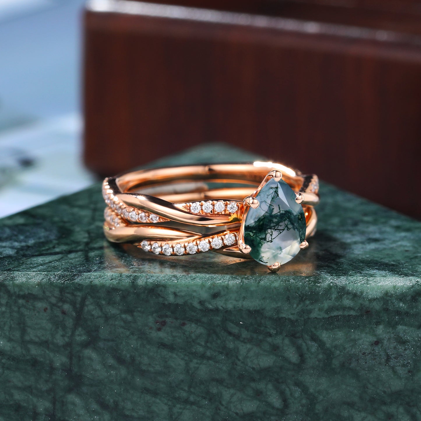 Vintage Pear shape Moss Agate rose gold Engagement Ring Set, Rose /white/yellow Gold Bridal Wedding band S925/10k/14k/18k