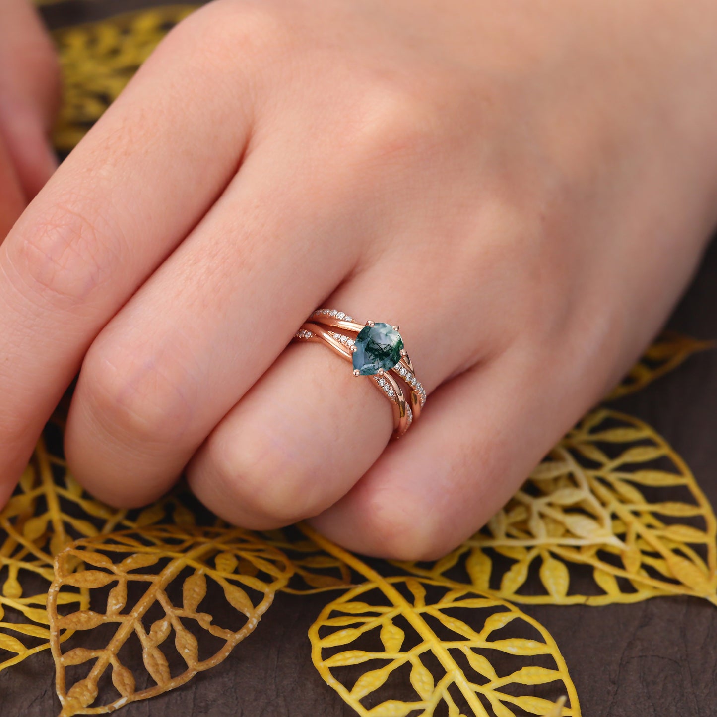 Vintage Pear shape Moss Agate rose gold Engagement Ring Set, Rose /white/yellow Gold Bridal Wedding band S925/10k/14k/18k