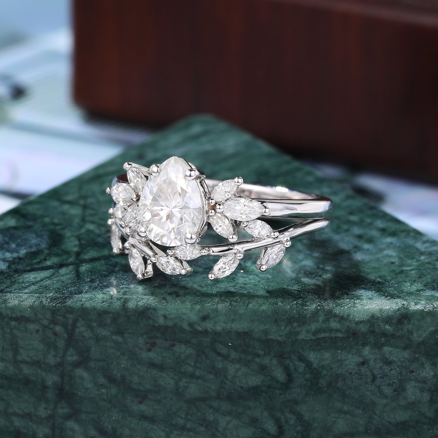 Vintage Pear shape Moissanite Engagement Ring Set, Rose/white/yellow Gold Bridal Wedding band.S925/10k/14k/18k