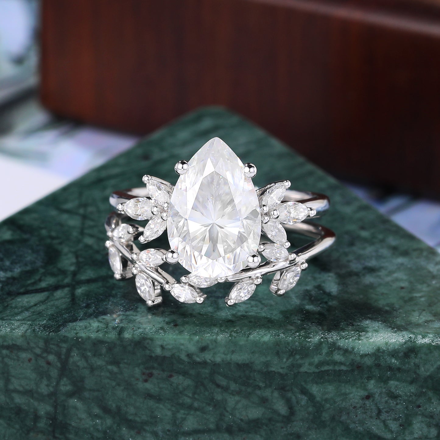 Vintage Moissanite Engagement Ring Set, 3.2ct Pear shape Lab grown Diamond Cluster Rose/white/yellow Gold Bridal Wedding band
