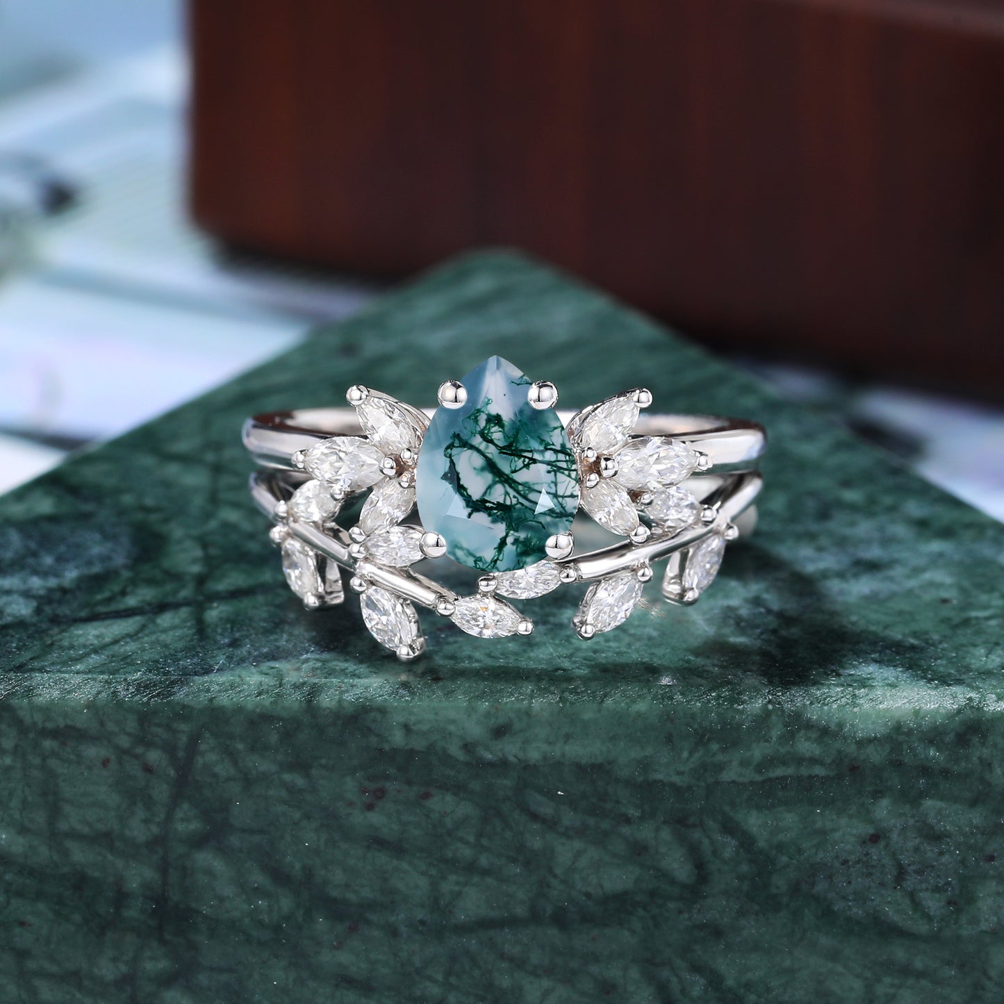 Vintage Pear shape Moss Agate Engagement Ring Set, Rose/white/yellow Gold Bridal Wedding band S925/10k/14k/18k