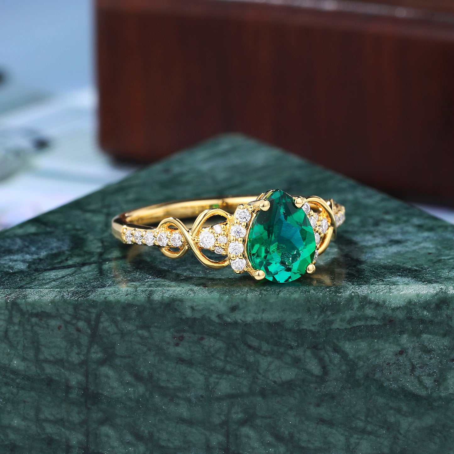 Vintage Lab emerald engagement Ring. unique diamond ring, 925silver/10k/14k/18k