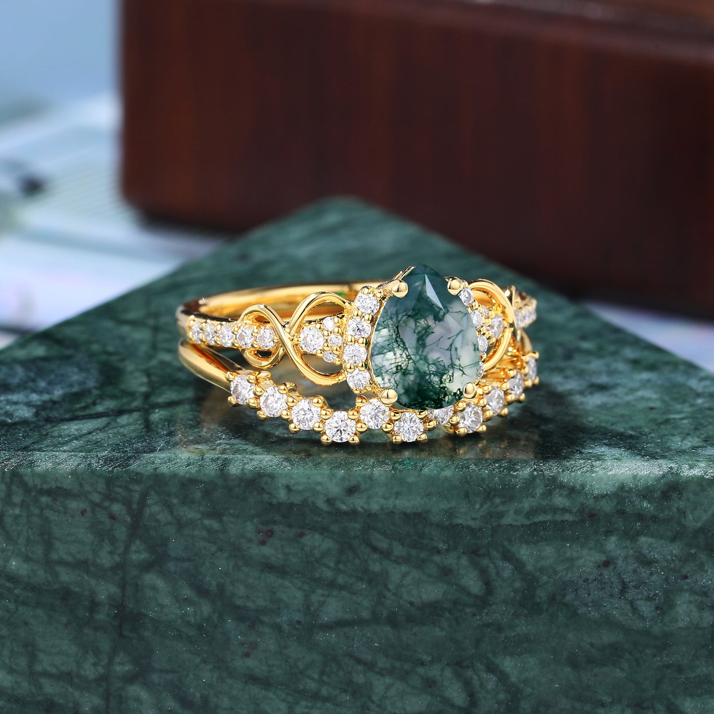 Vintage Pear shape Moss Agate yellow gold Engagement Ring Set, Rose /white/yellow Gold Bridal Wedding band S925/10k/14k/18k