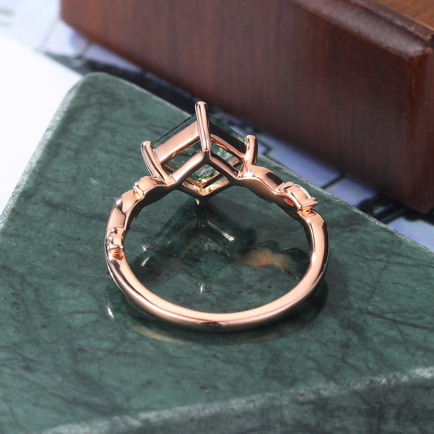 Princess cut Moss Agate engagement ring 925silver/10k/14k/18k gold , unique moissanite Bridal ring