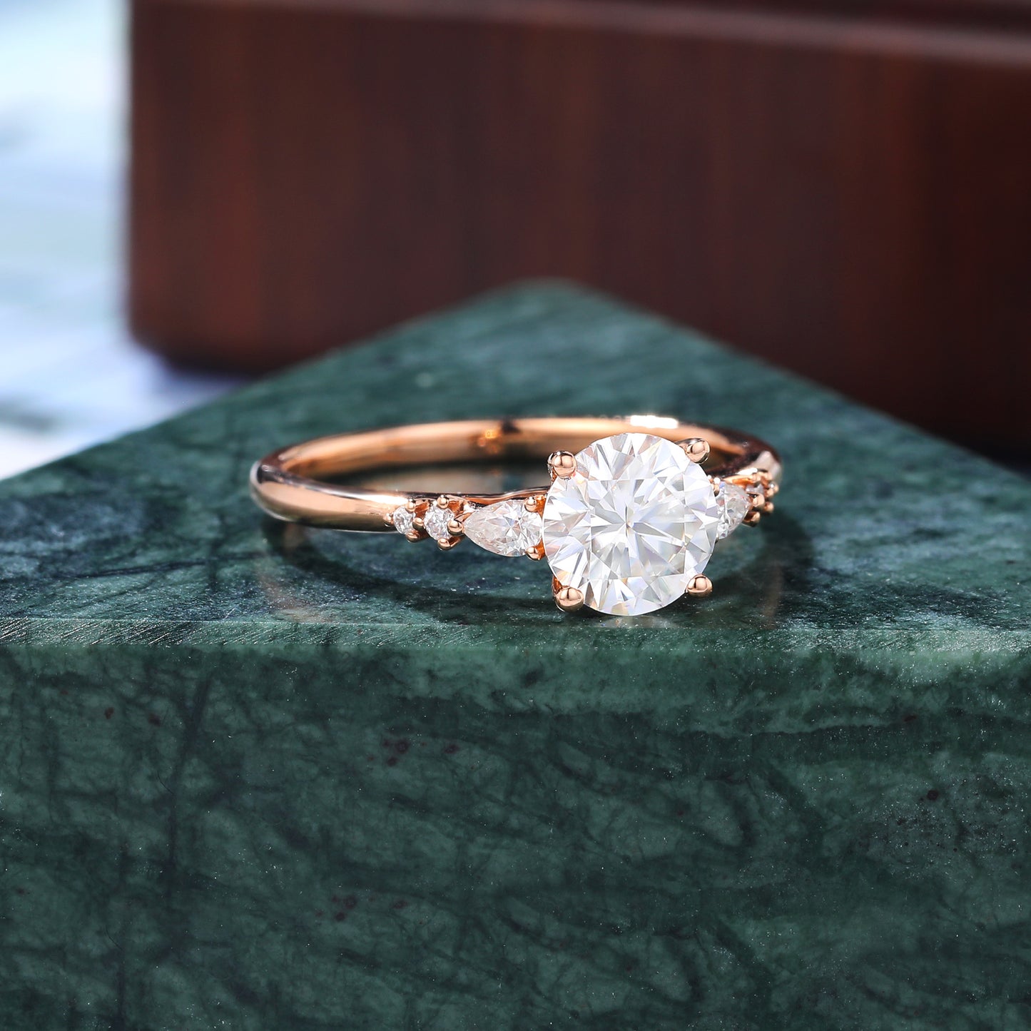 1.0ct Round moissanite engagement ring, Cluster rose/white/yellow gold ring, anniversary gift 10/14/18k gold ring.