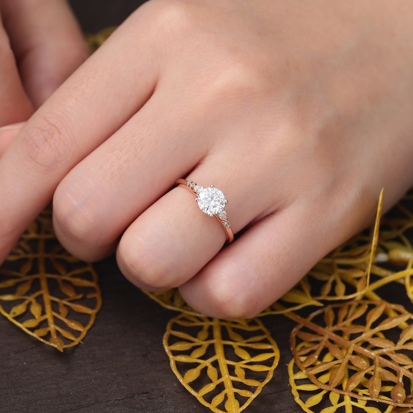 1.0ct Round moissanite engagement ring, Cluster rose/white/yellow gold ring, anniversary gift 10/14/18k gold ring.