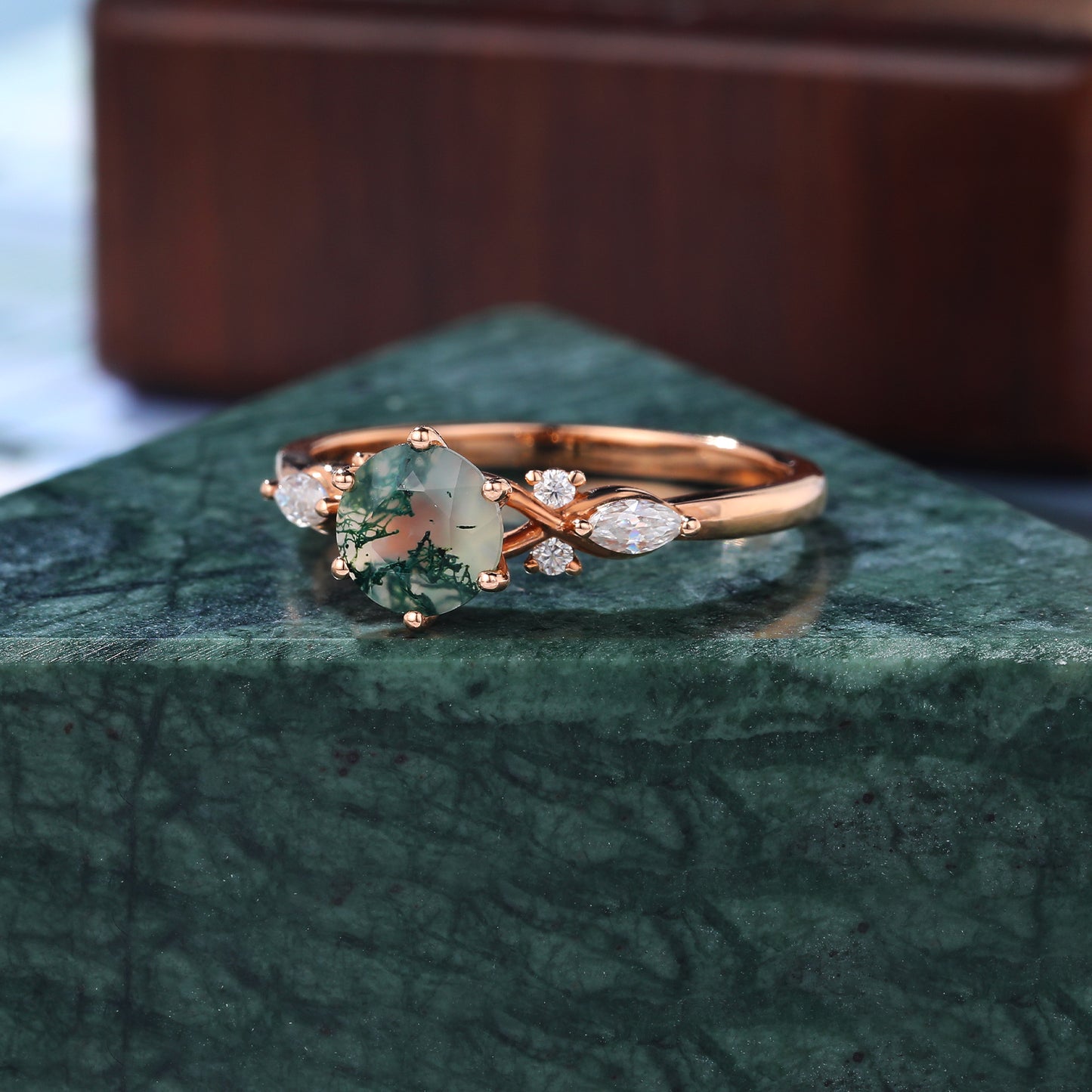 Round cut Moss Agate engagement ring, S925/10k/14k/18k gold