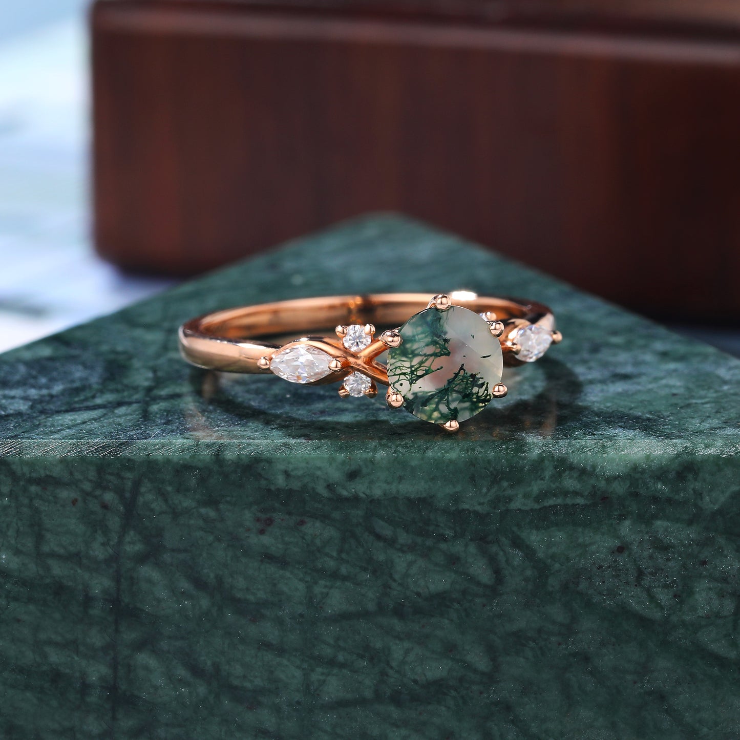 Round cut Moss Agate engagement ring, S925/10k/14k/18k gold