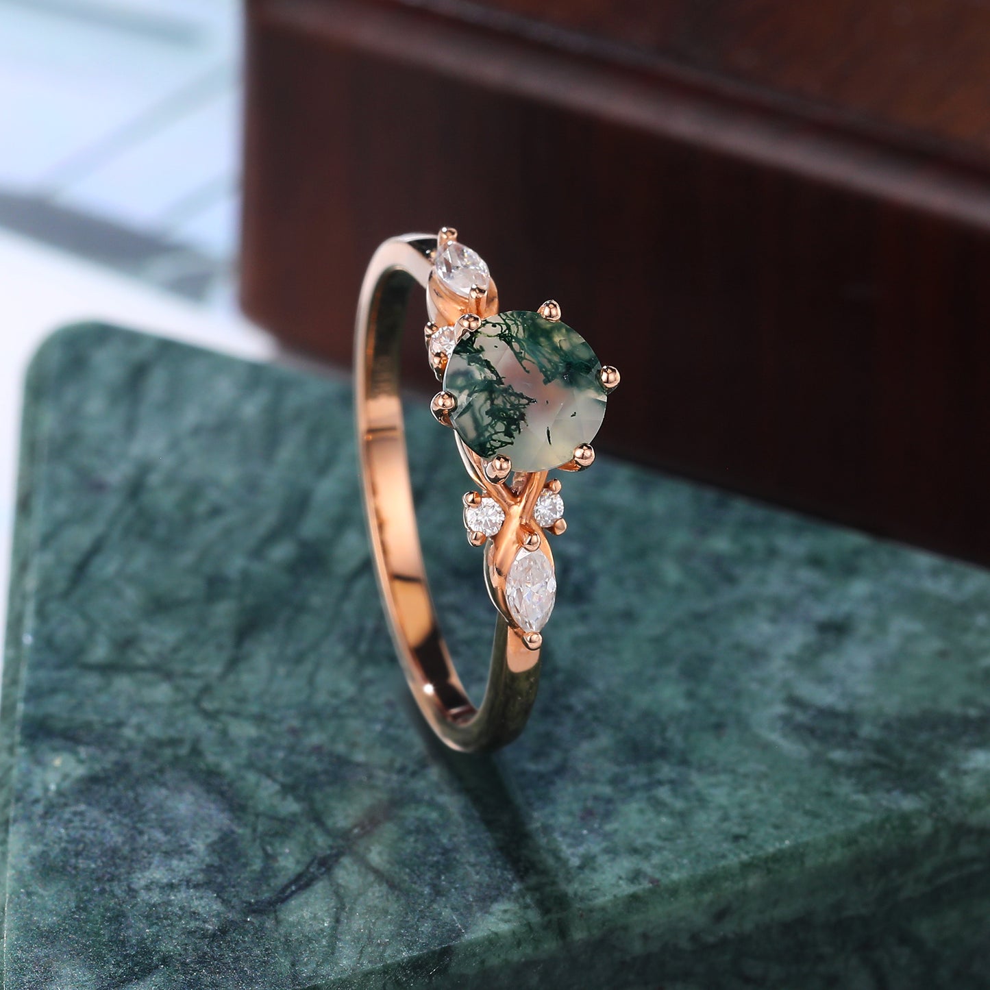 Round cut Moss Agate engagement ring, S925/10k/14k/18k gold