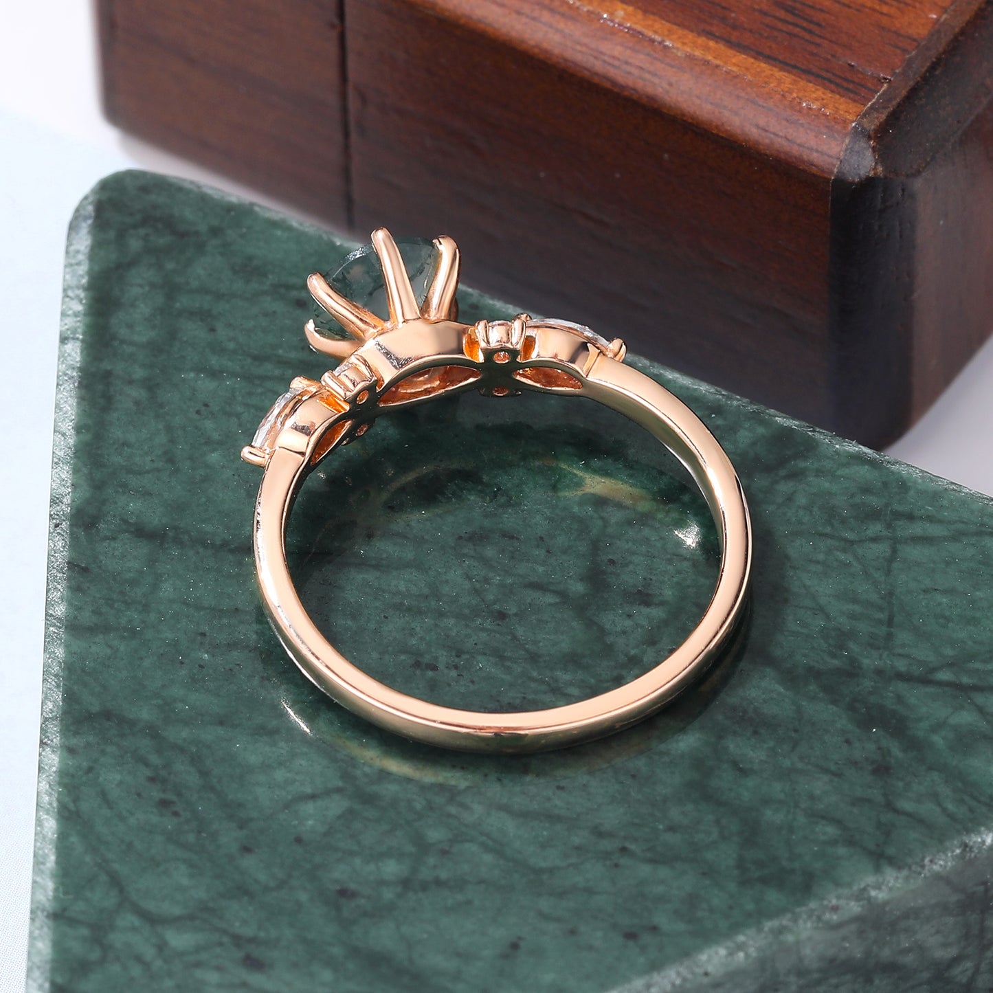 Round cut Moss Agate engagement ring, S925/10k/14k/18k gold