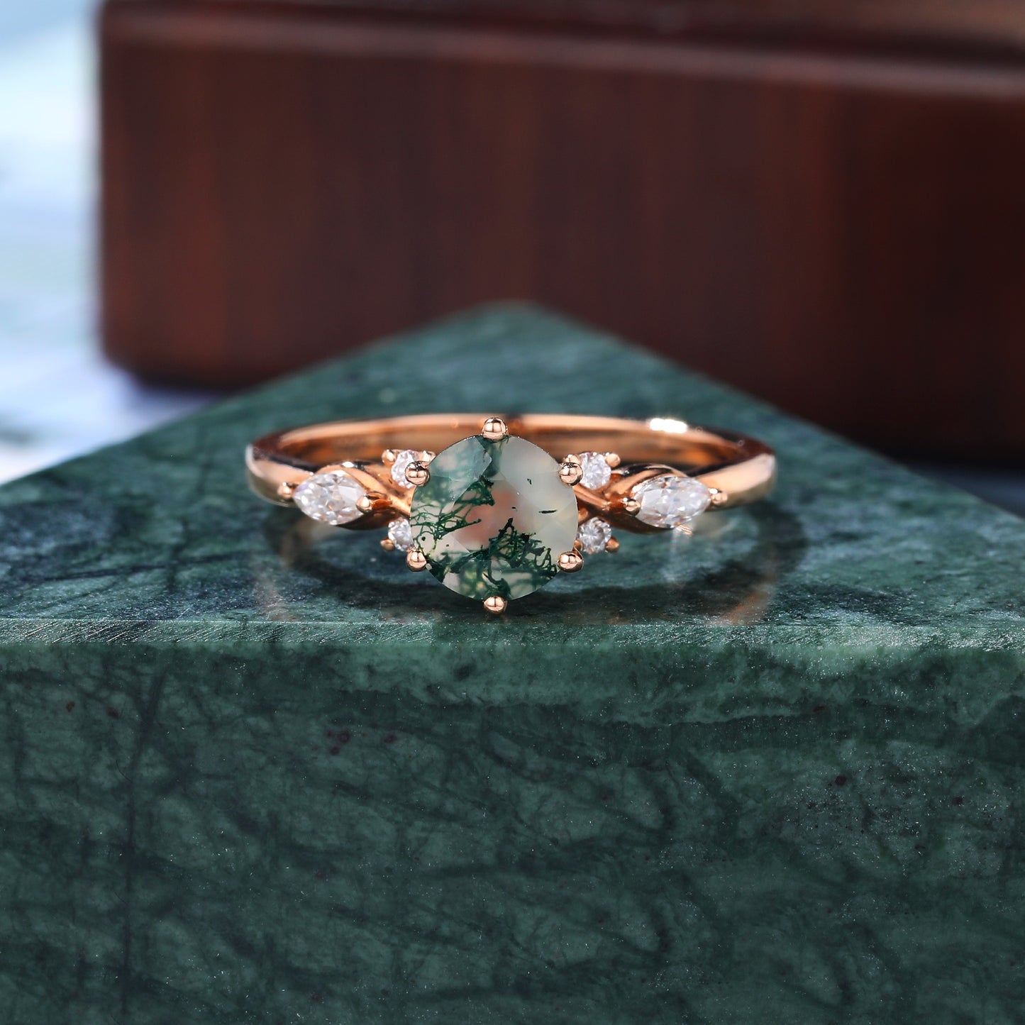 Round cut Moss Agate engagement ring, S925/10k/14k/18k gold
