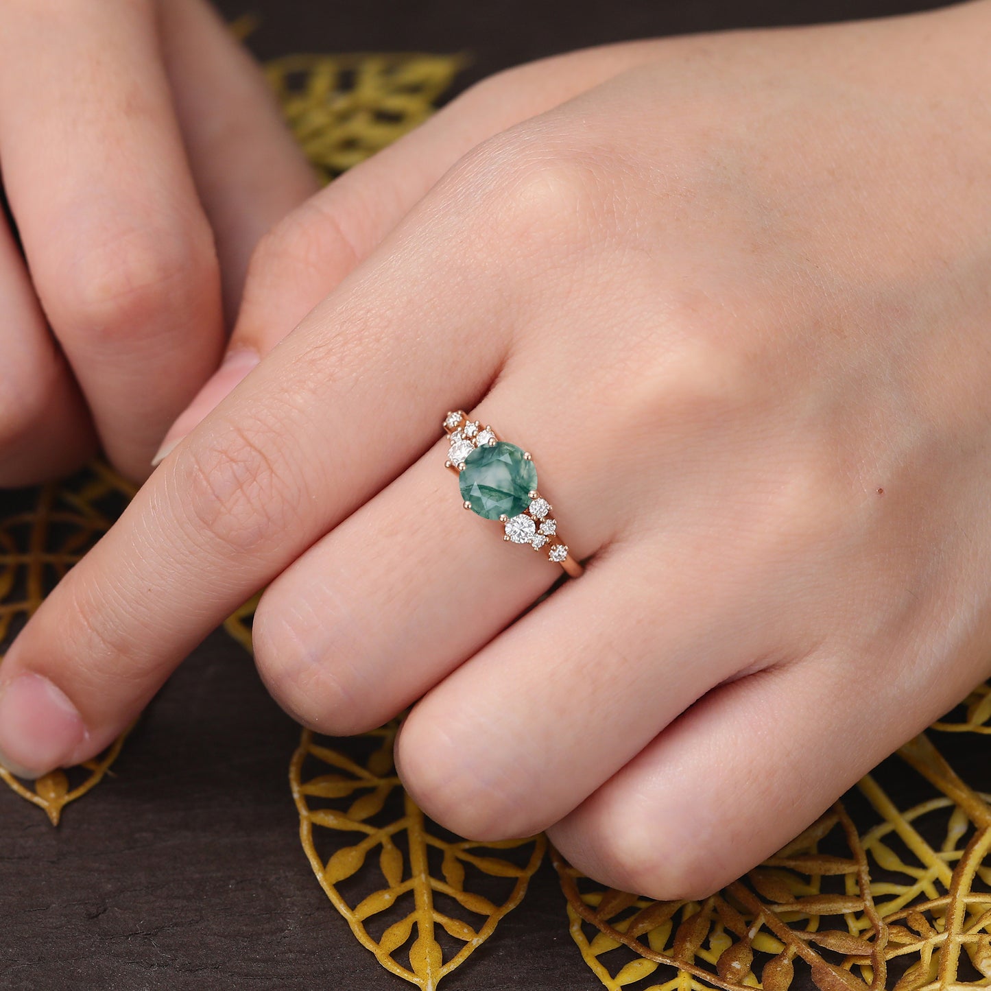 Round Moss agate engagement ring S925/10k/14k/18k gold ring, unique moissanite ring rose/white gold ring
