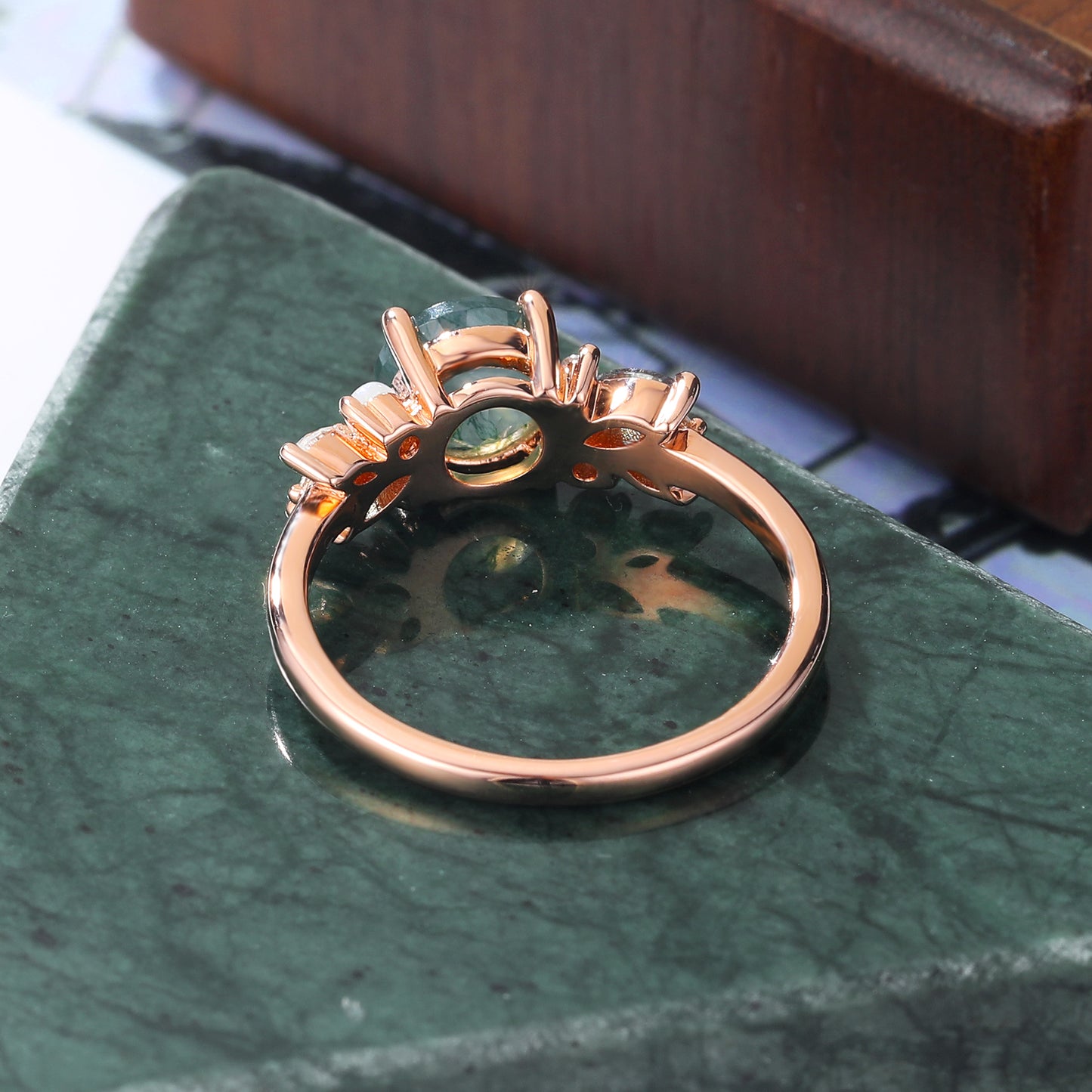 Round cut Moss Agate engagement ring S925/10k/14k/18k gold , unique Alexandrite moissanite Opal ring