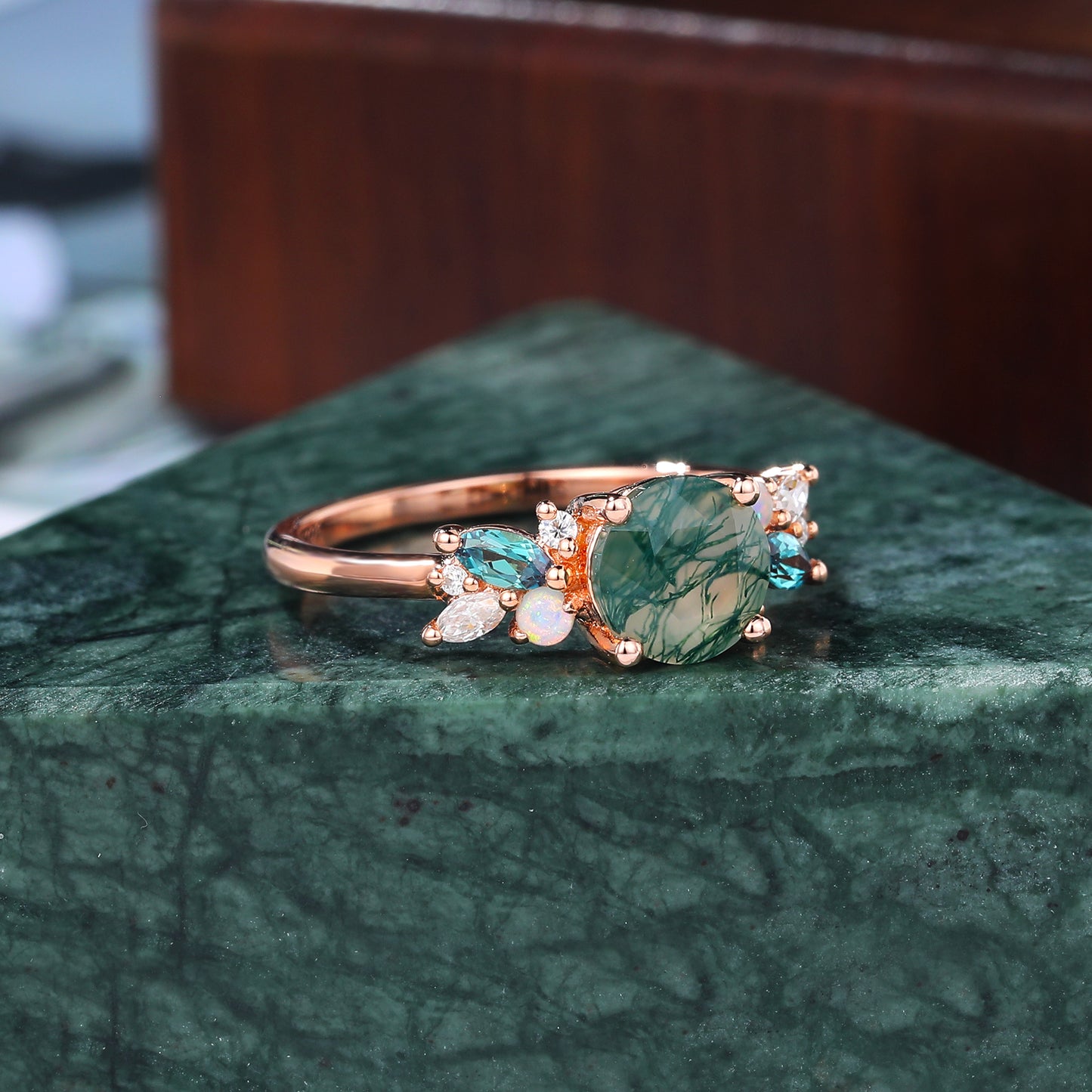 Round cut Moss Agate engagement ring S925/10k/14k/18k gold , unique Alexandrite moissanite Opal ring
