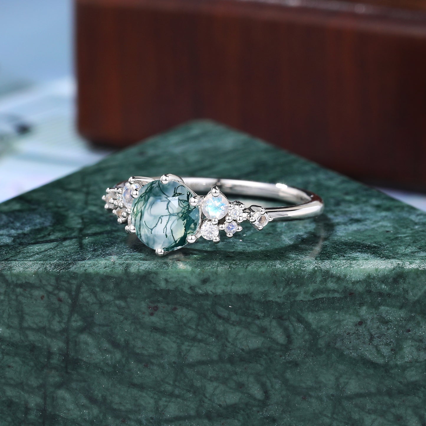 Unique round moss agate engagement ring,925 silver/10k/14k/18k rose gold white gold yellow gold ring