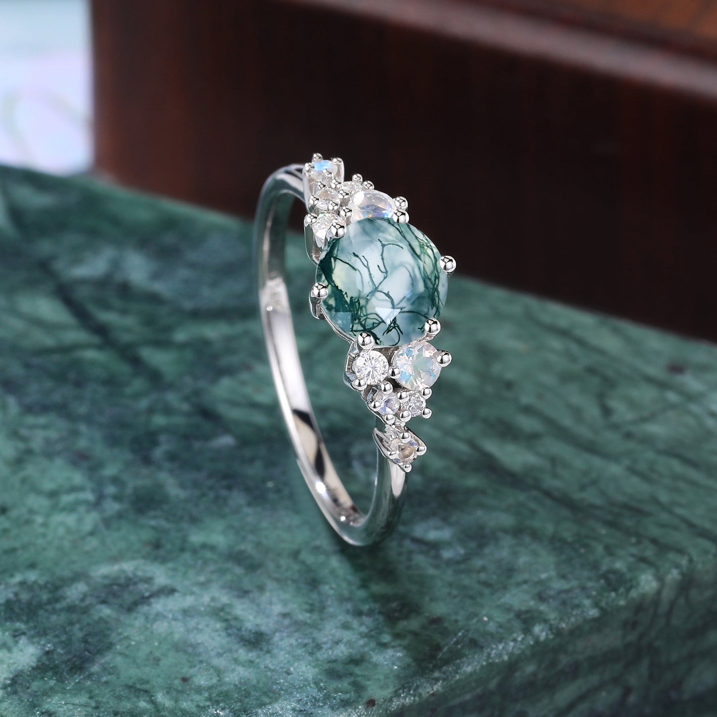 Unique round moss agate engagement ring,925 silver/10k/14k/18k rose gold white gold yellow gold ring