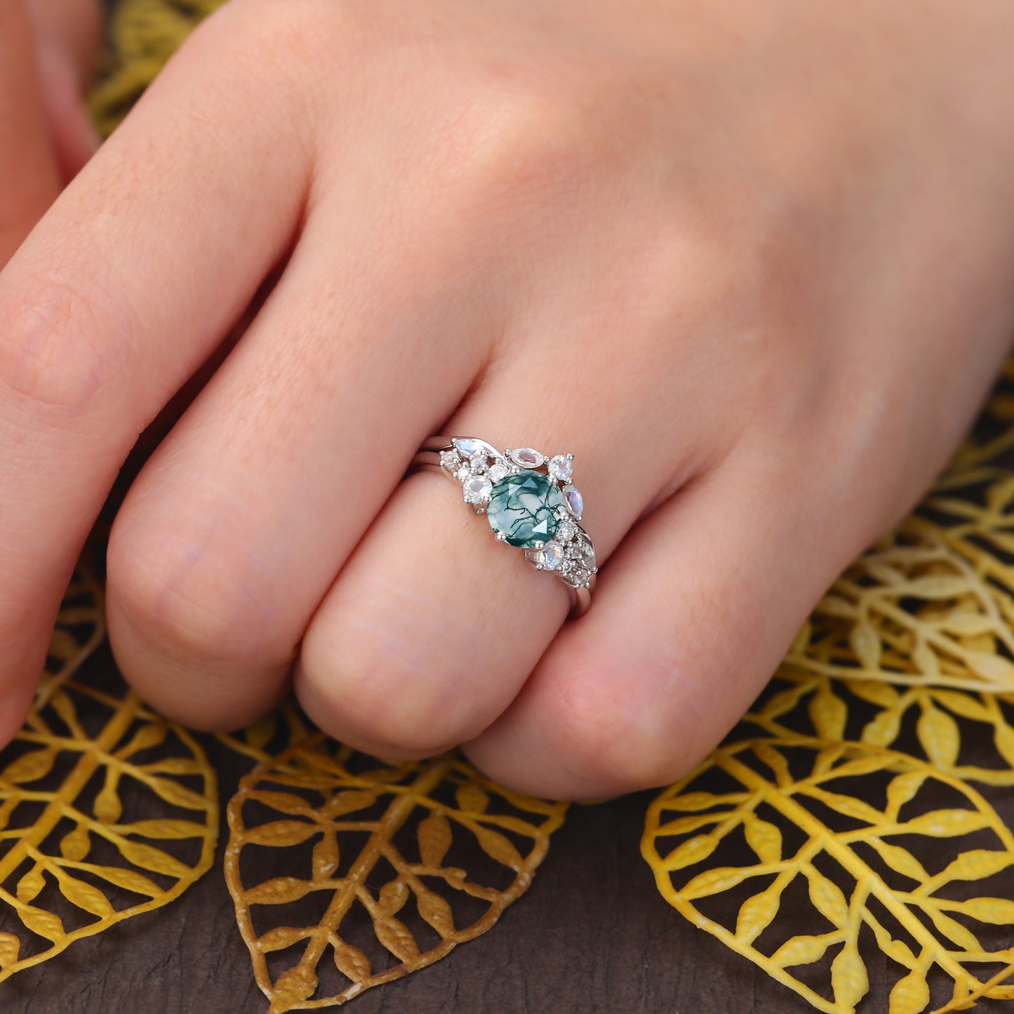 Vintage round Moss agate Engagement Ring Set, Rose white/yellow/Gold Bridal Wedding band S925/10k/14/18k