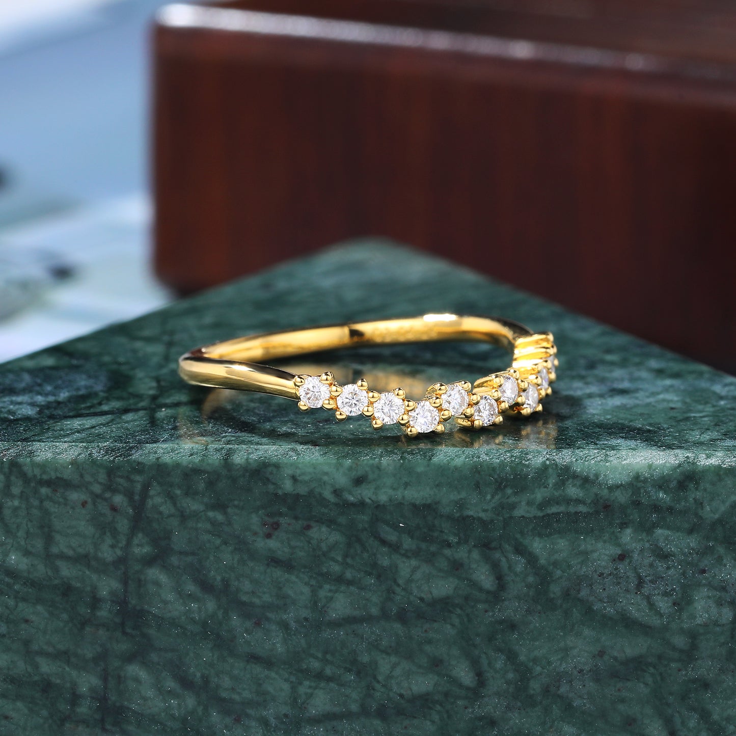 Round moissanite yellow gold wedding band. S925/10k/14k/18k white gold rose gold yellow gold bridal ring.