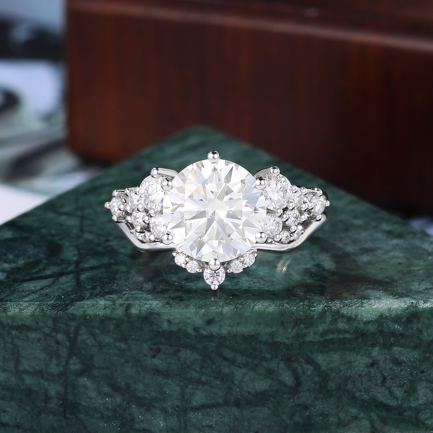 Vintage 2.5ct round Moissanite Engagement Ring Set, Cluster Rose/white/yellow Gold Bridal Wedding band Unique ring
