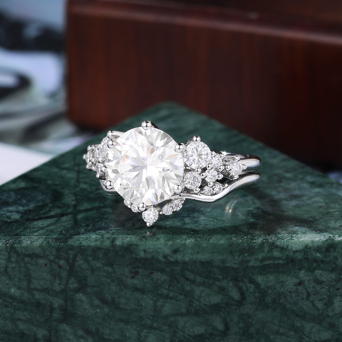 Vintage 2.5ct round Moissanite Engagement Ring Set, Cluster Rose/white/yellow Gold Bridal Wedding band Unique ring