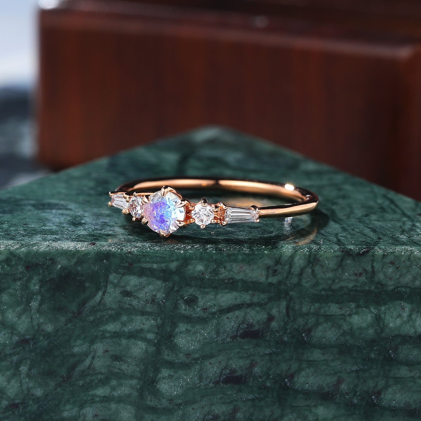 Round cut Moonstone rose gold engagement Ring.