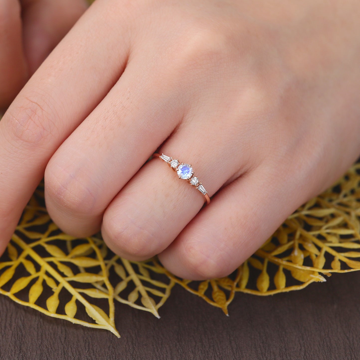 Round cut Moonstone rose gold engagement Ring.