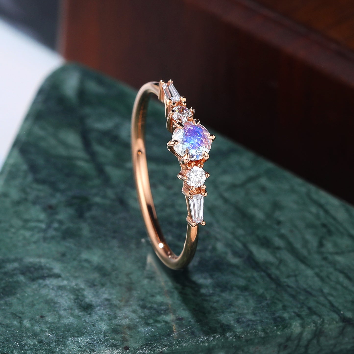 Round cut Moonstone rose gold engagement Ring.