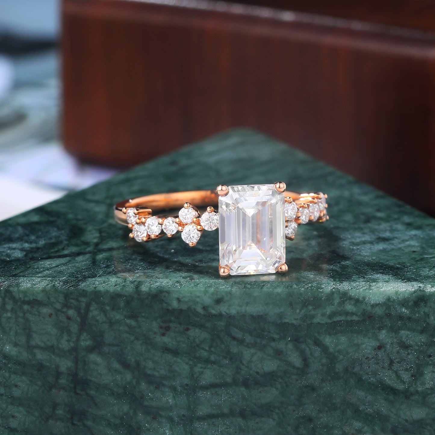 Emerald cut moissanite rose gold engagement Ring.