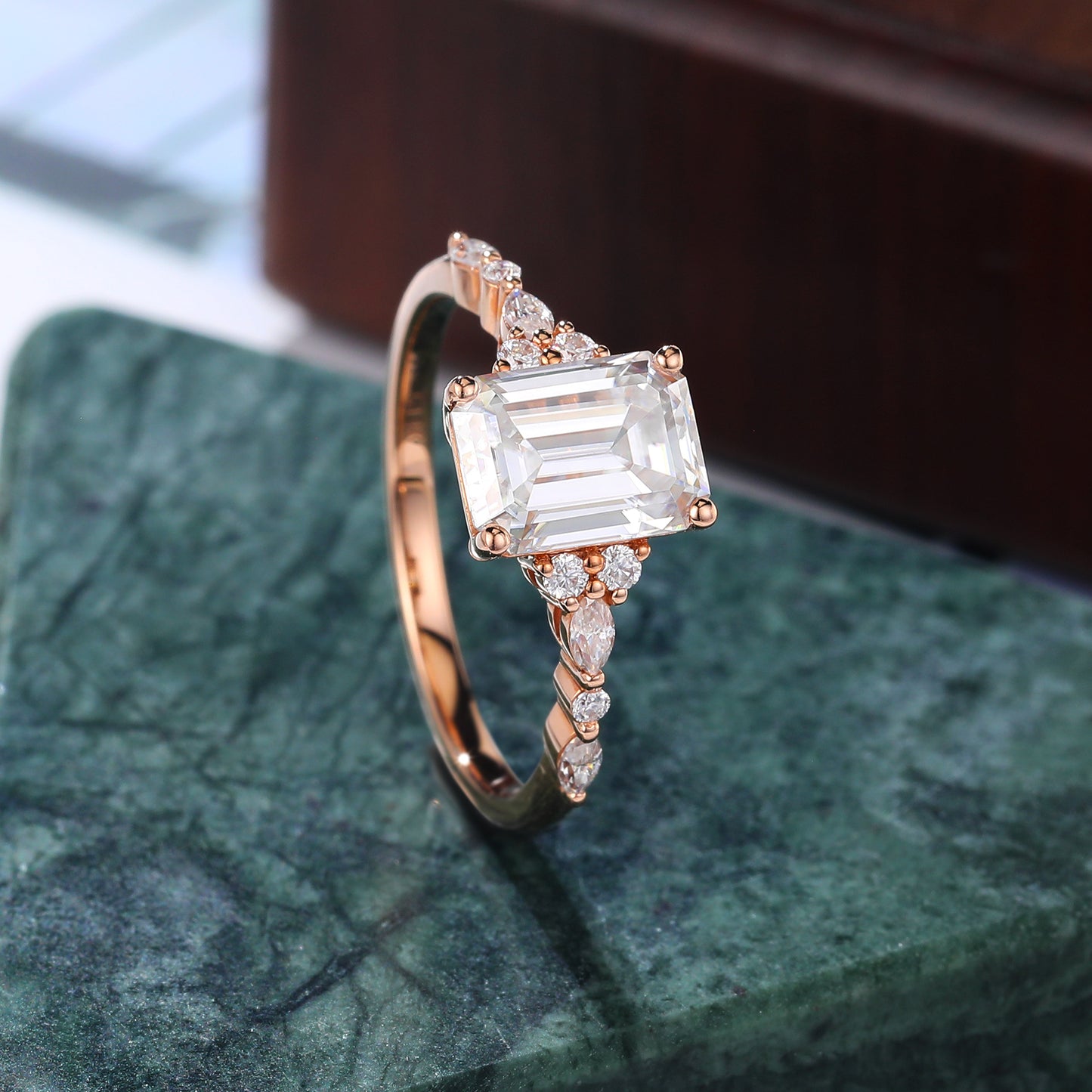 1.68ct Emerald cut moissanite engagement ring, Cluster rose gold ring, anniversary gift 10K/14/18k gold