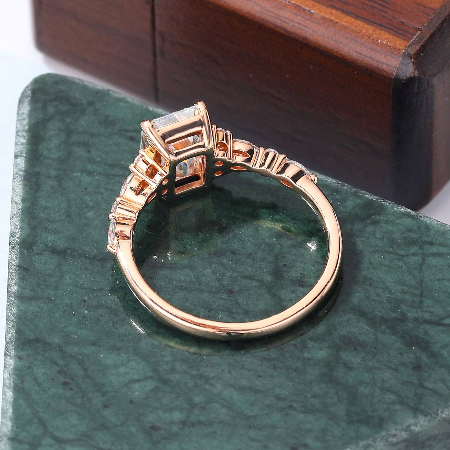 1.68ct Emerald cut moissanite engagement ring, Cluster rose gold ring, anniversary gift 10K/14/18k gold