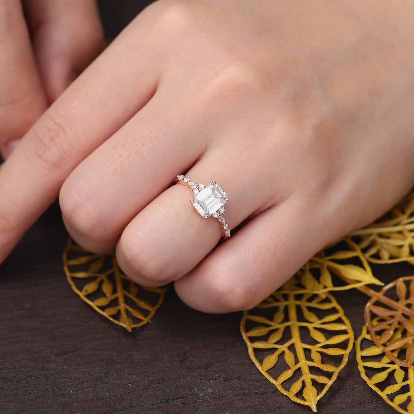 1.68ct Emerald cut moissanite engagement ring, Cluster rose gold ring, anniversary gift 10K/14/18k gold