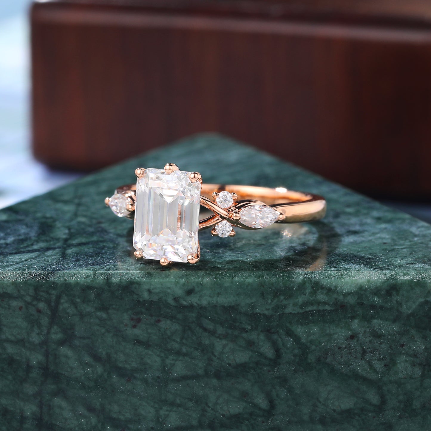 Cluster 1.73ct Emerald cut Lab grown Diamond engagement ring 10/14/18k