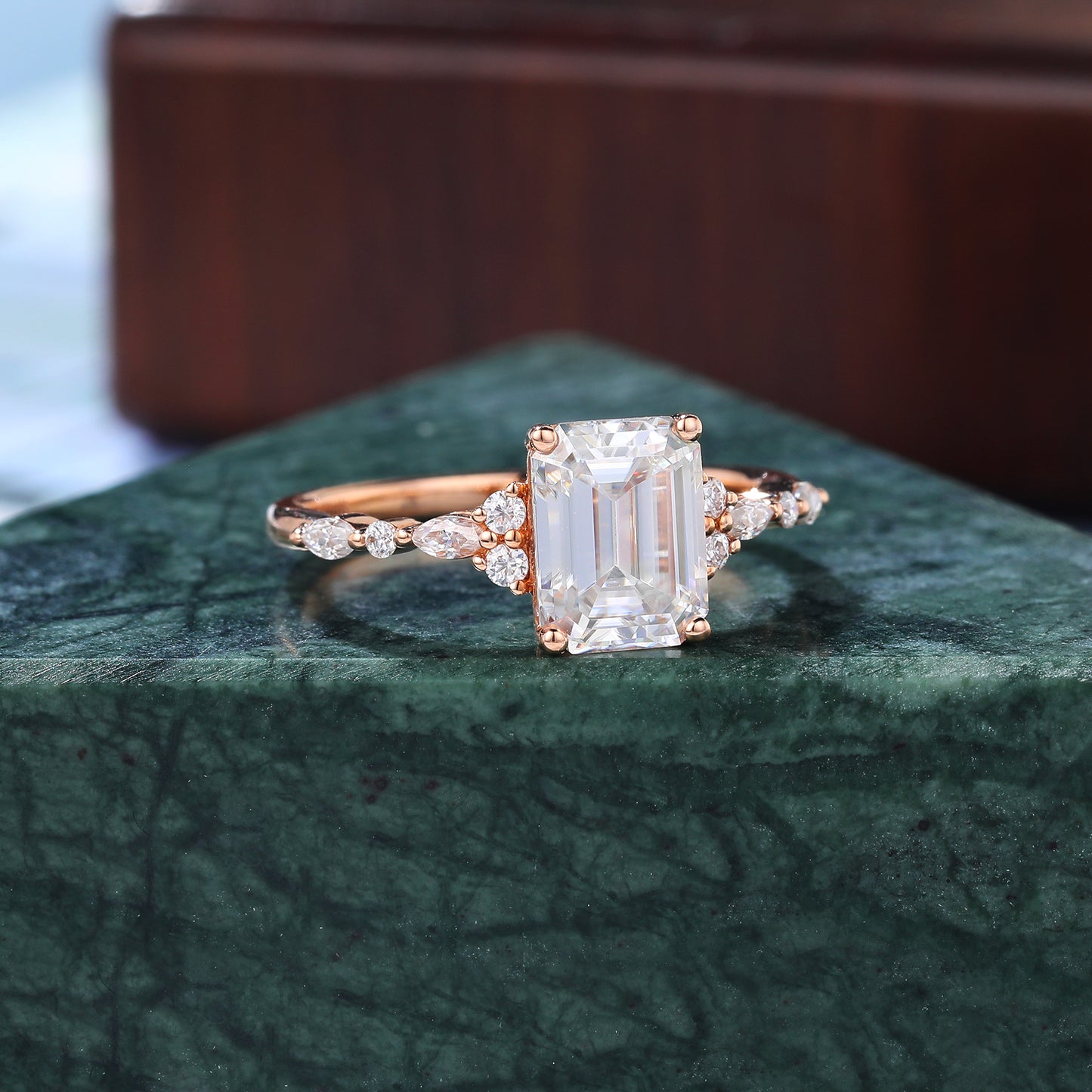 1.68ct Emerald cut moissanite engagement ring, Cluster rose gold ring, anniversary gift 10K/14/18k gold