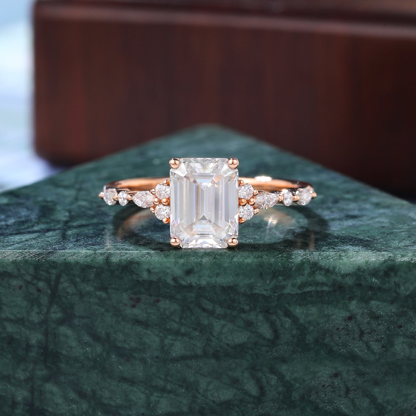 1.68ct Emerald cut moissanite engagement ring, Cluster rose gold ring, anniversary gift 10K/14/18k gold