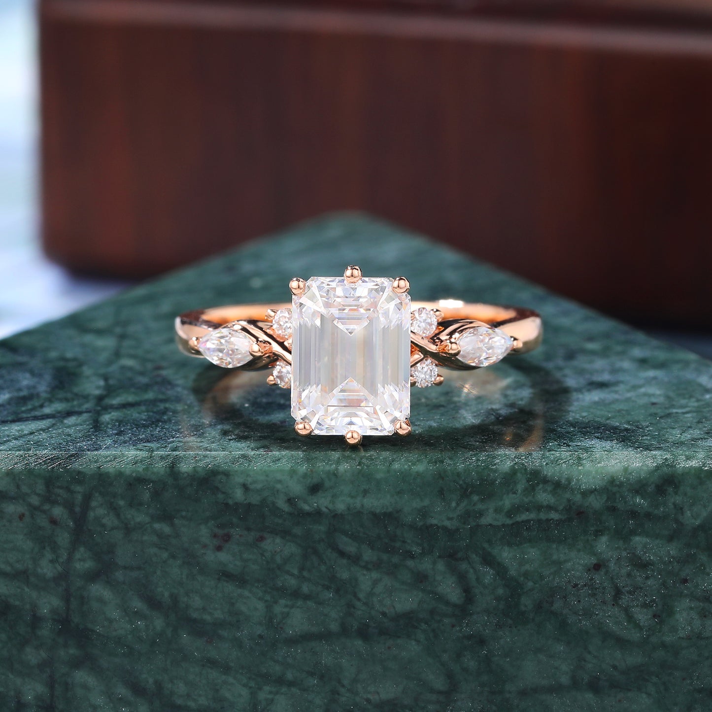 Cluster 1.73ct Emerald cut Lab grown Diamond engagement ring 10/14/18k