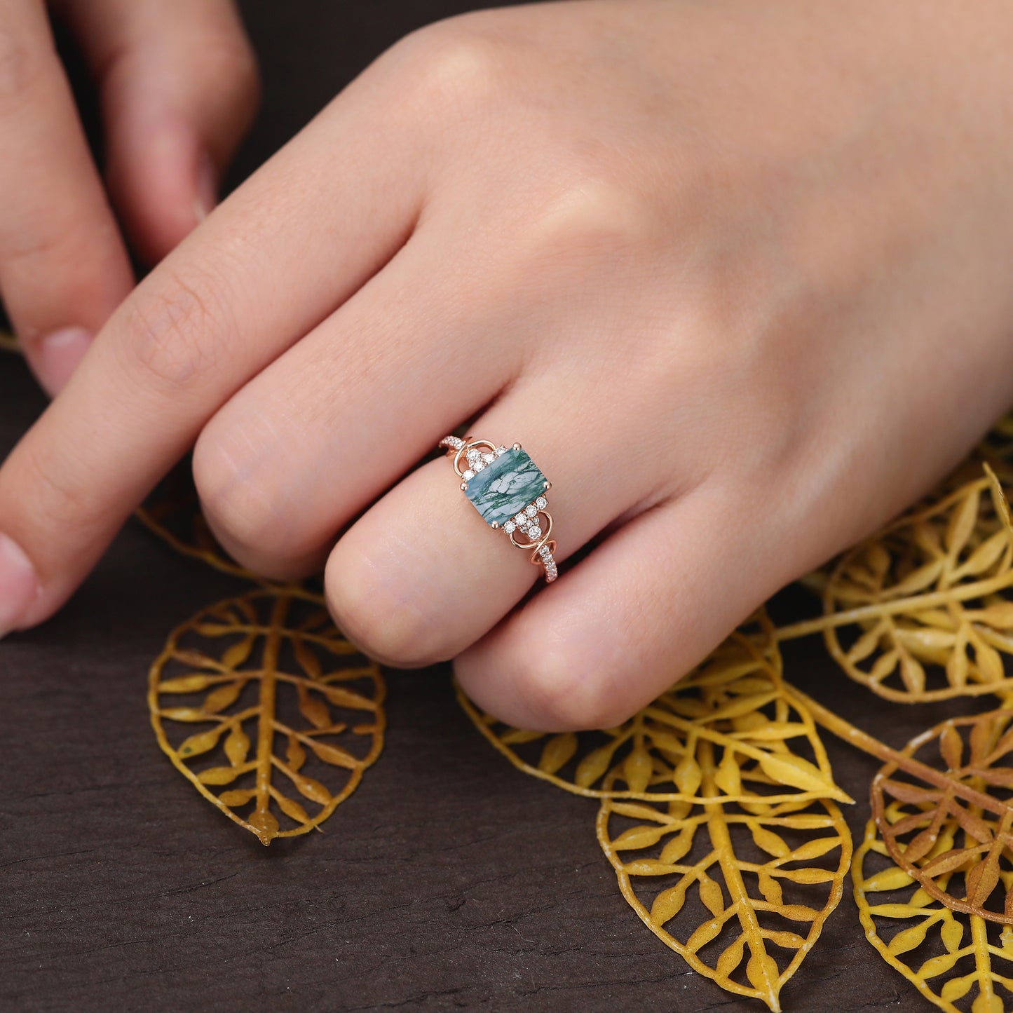 Emerald cut Moss agate engagement ring S925/10k/14k/18k gold ring