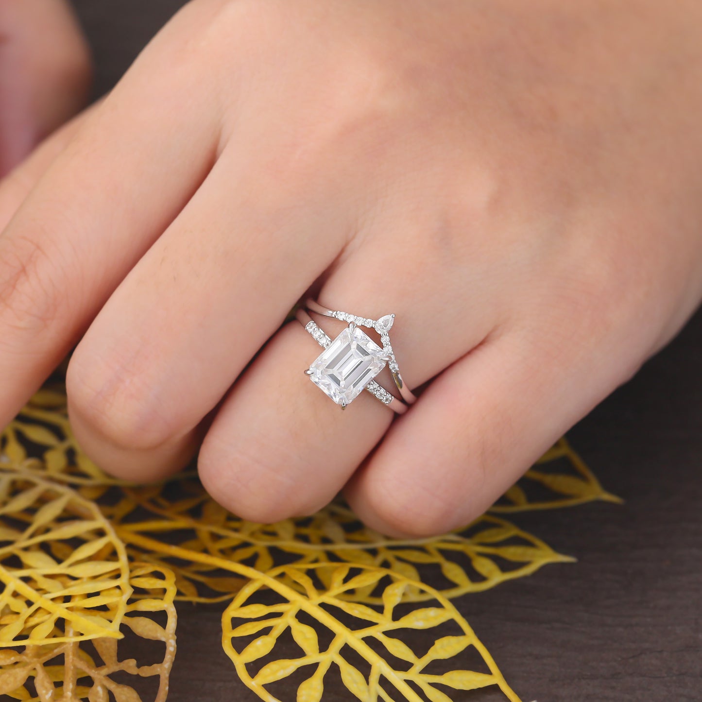 Emerald cut Moissanite white gold Engagement Ring Set, Cluster Rose/white/yellow Gold Bridal Wedding band